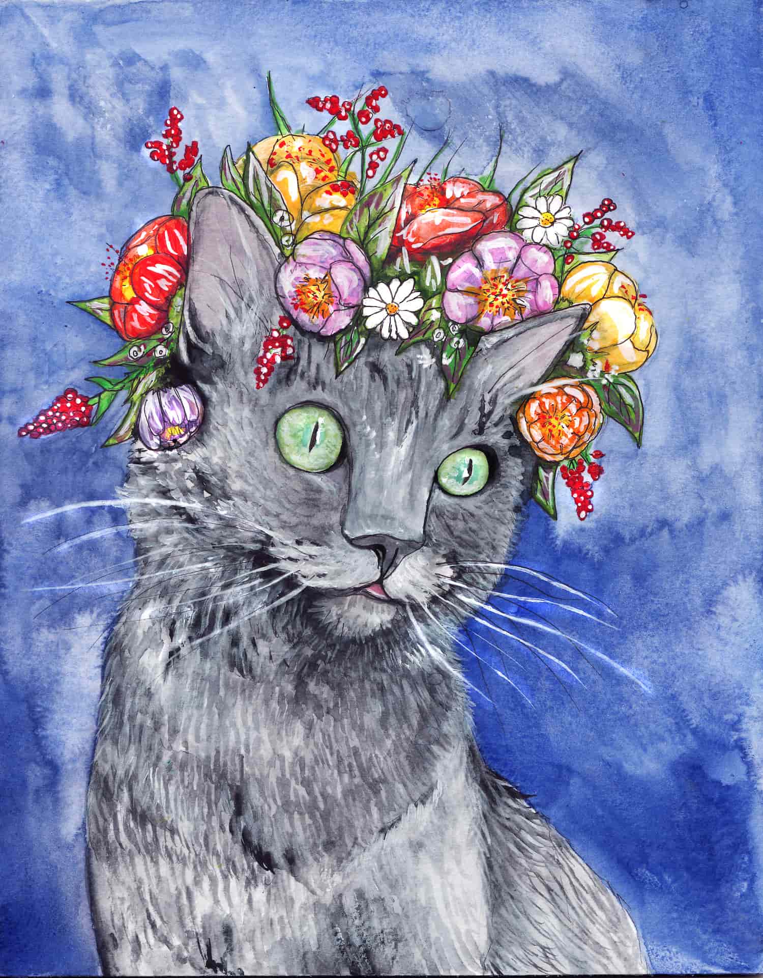 Katze mit Blumen im Haar, Digitaldruck, 2020, 21 x 27,5, 12 €